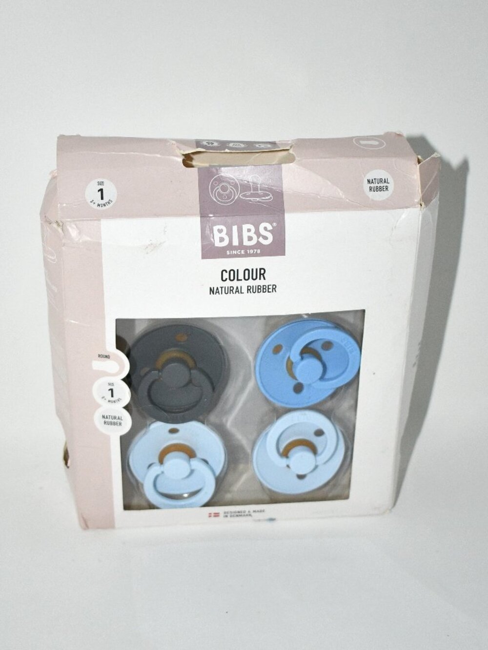 BIBS Colour Pacifiers, 4 Pack, Size 1 0-6M, Natural Rubber Latex, Blue Colors, N